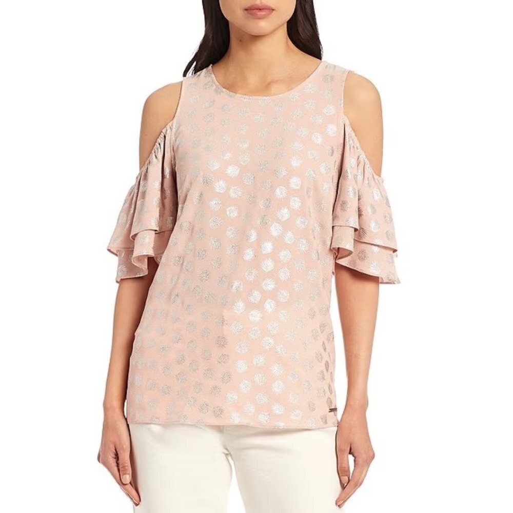 NWT MICHAEL Michael Kors Tossed Palmetto Tiered Flounce Sleeve Cold Shou…